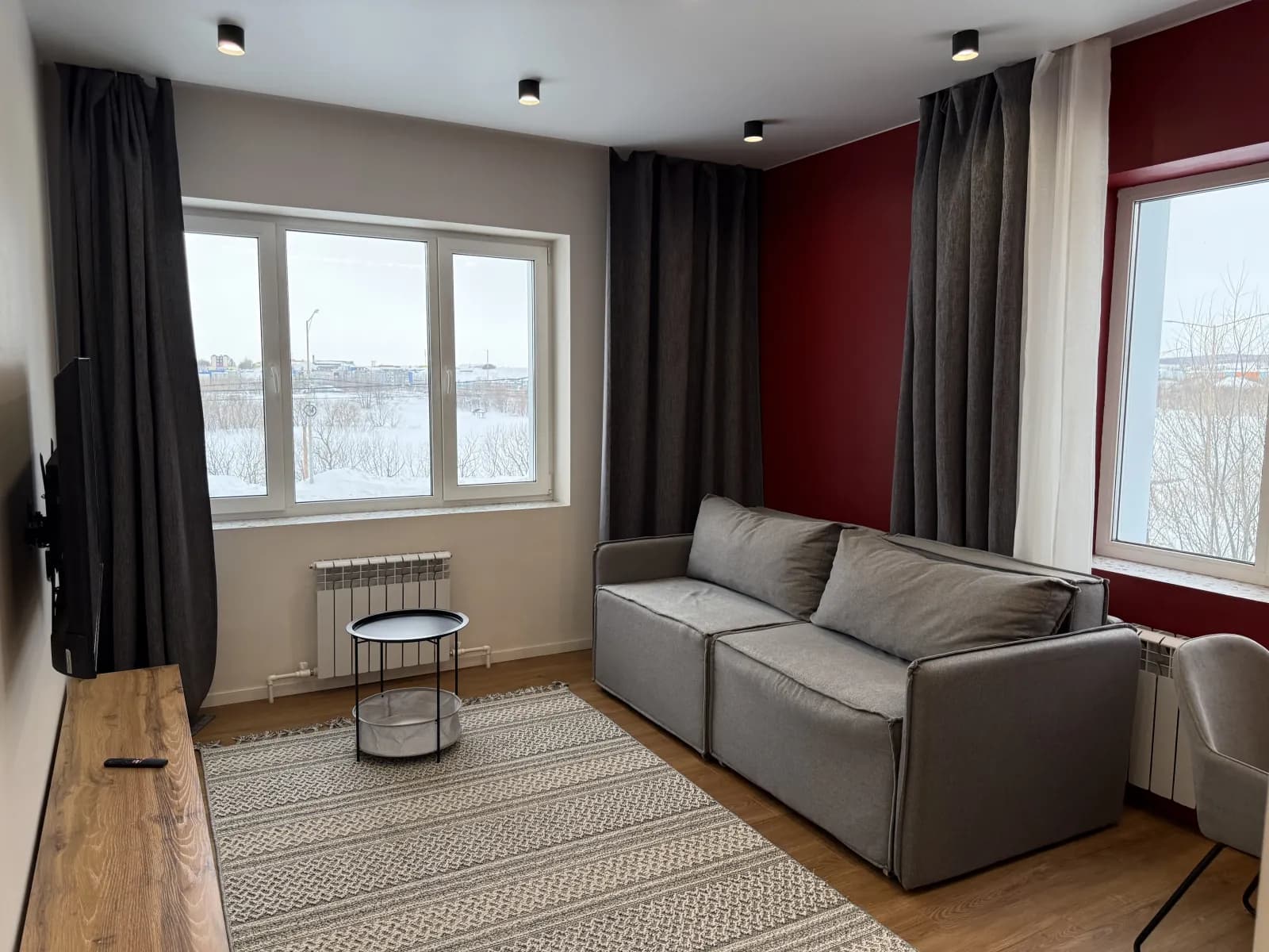 Гостиная — диван и панорамные окна с зимним видом